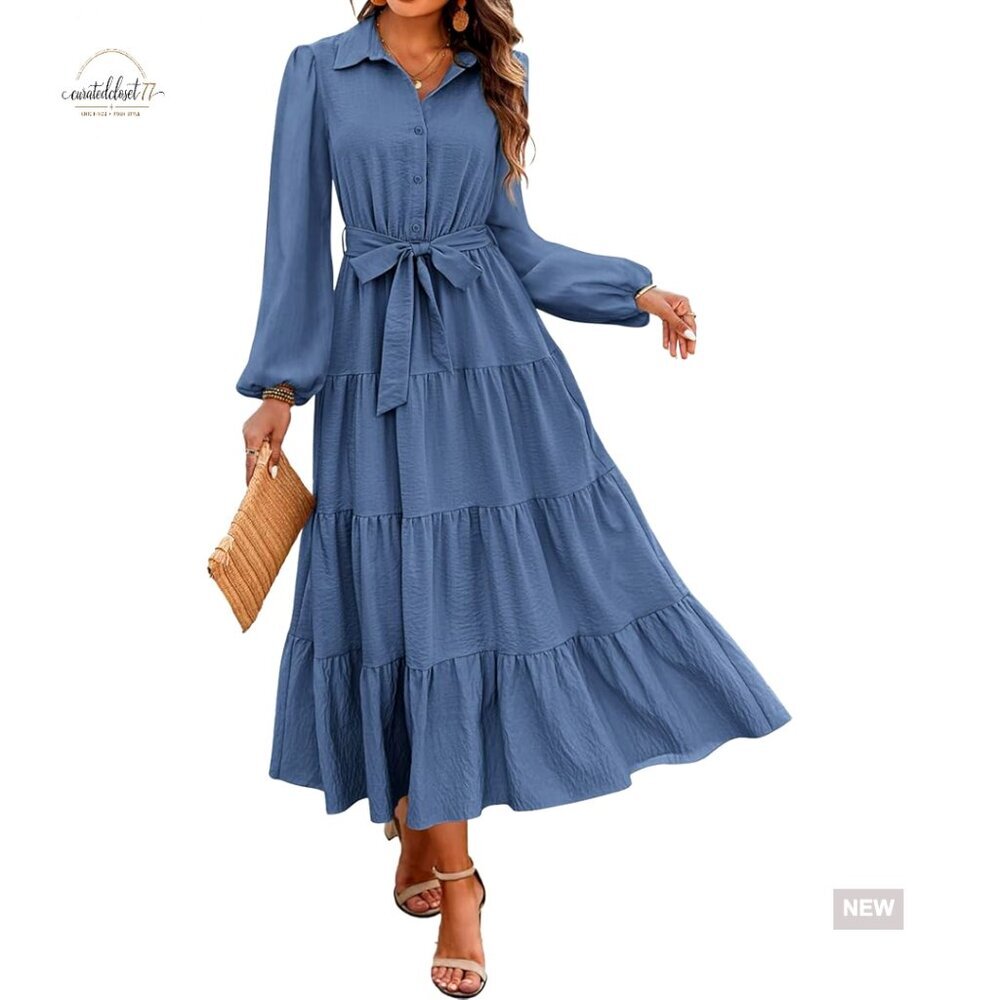 Long Sleeve Maxi Dress A-Line V-Neck Button Down Belted Flowy